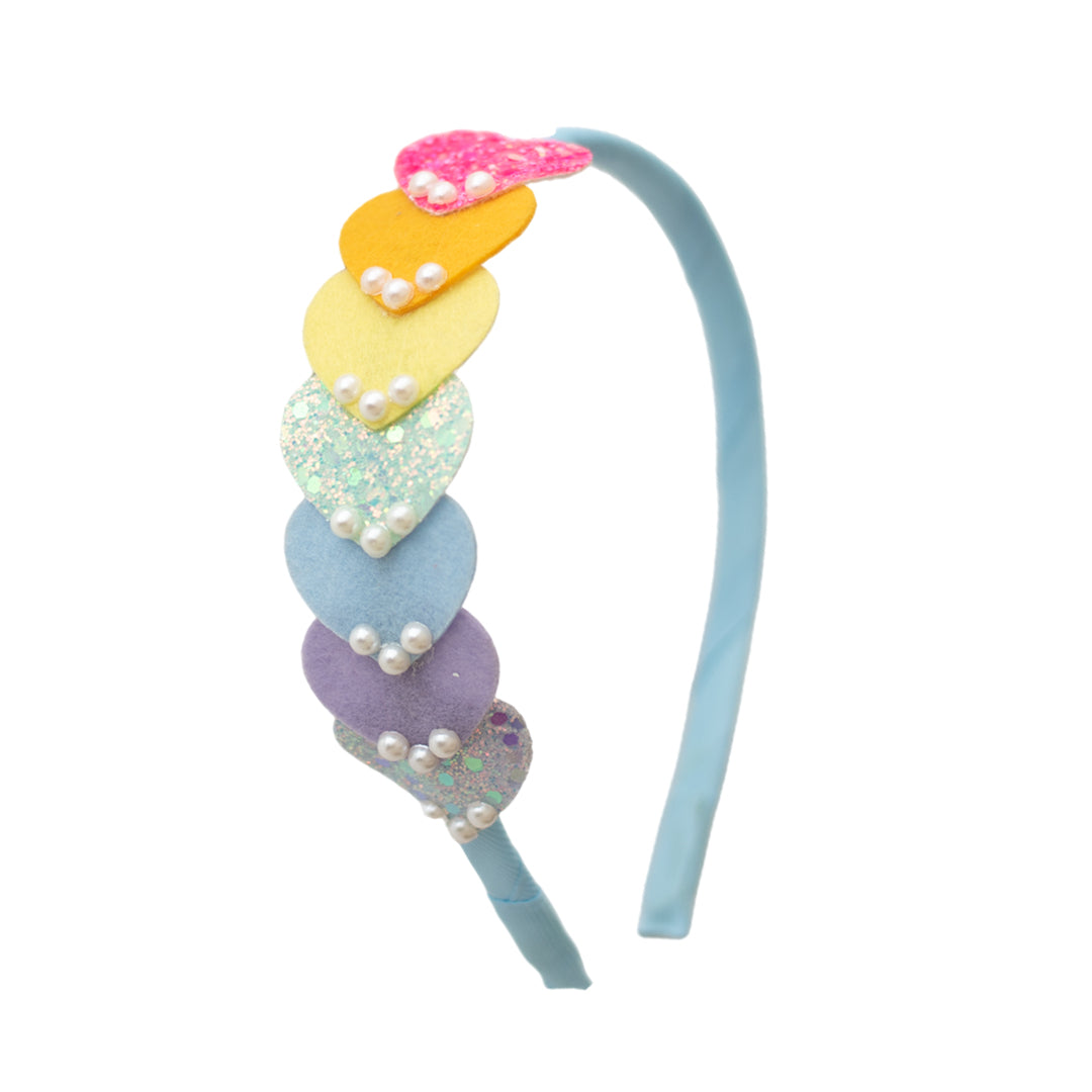 Dainty hairband with cascading hearts and pearl detailing - Light blue, Purple, Pink, Yellow