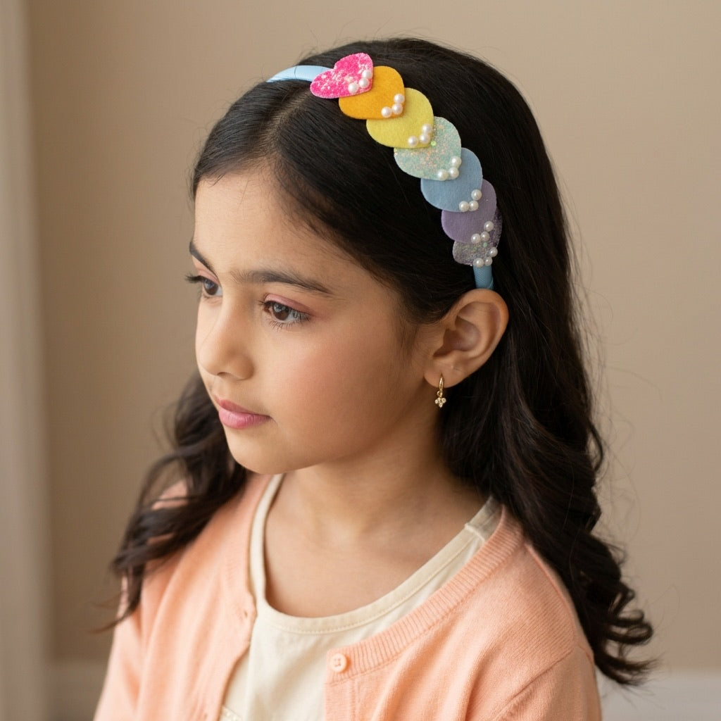 Dainty hairband with cascading hearts and pearl detailing - Light blue, Purple, Pink, Yellow