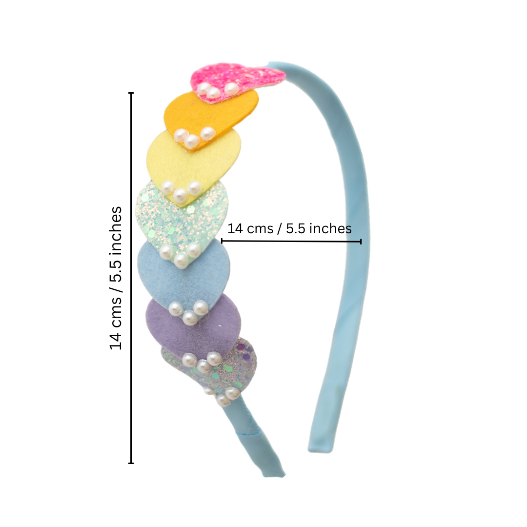 Dainty hairband with cascading hearts and pearl detailing - Light blue, Purple, Pink, Yellow