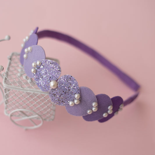 Dainty hairband with cascading hearts and pearl detailing -Purple