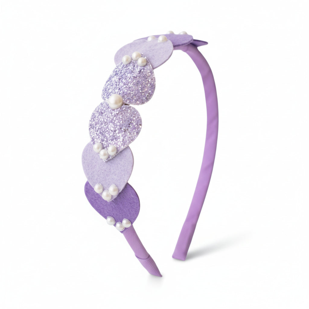 Dainty hairband with cascading hearts and pearl detailing -Purple