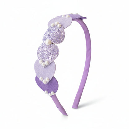 Dainty hairband with cascading hearts and pearl detailing -Purple