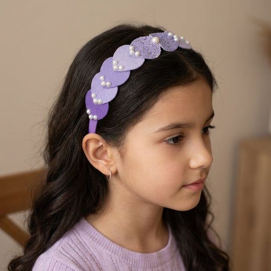 Dainty hairband with cascading hearts and pearl detailing -Purple