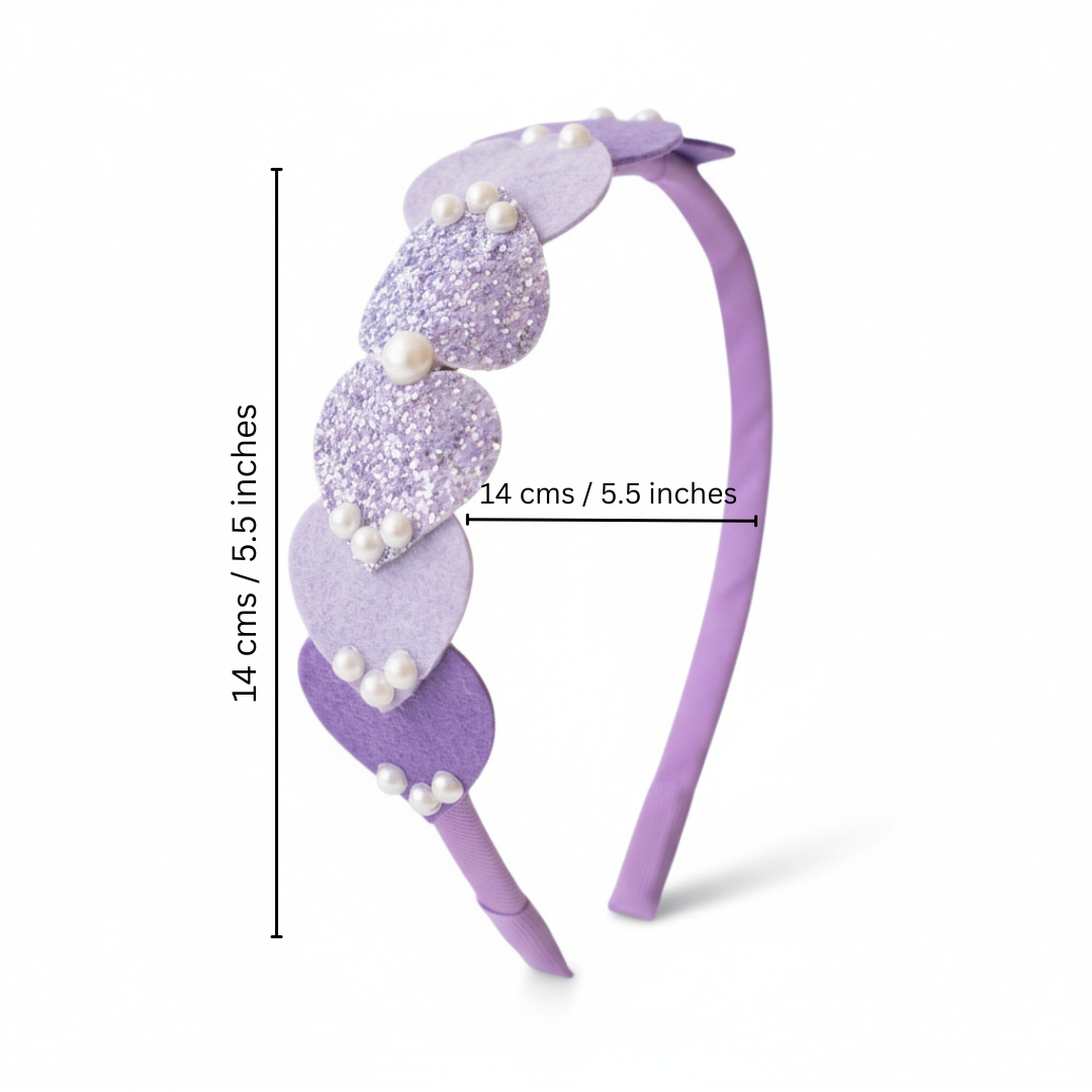Dainty hairband with cascading hearts and pearl detailing -Purple