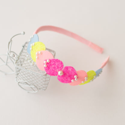 Dainty hairband with cascading hearts and pearl detailing -  Pink, Blue, Yellow
