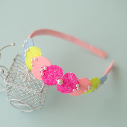 Dainty hairband with cascading hearts and pearl detailing -  Pink, Blue, Yellow