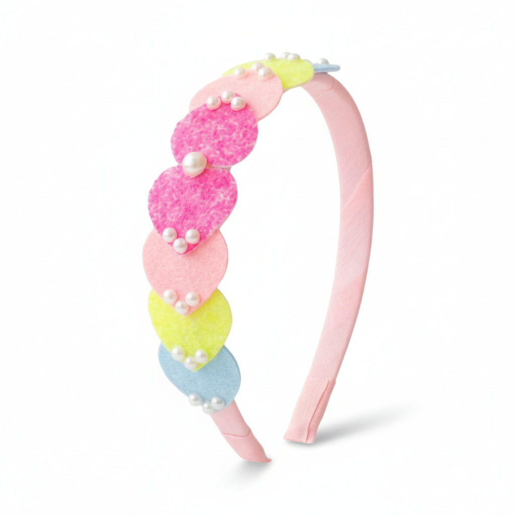 Dainty hairband with cascading hearts and pearl detailing -  Pink, Blue, Yellow