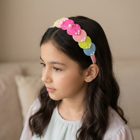 Dainty hairband with cascading hearts and pearl detailing -  Pink, Blue, Yellow