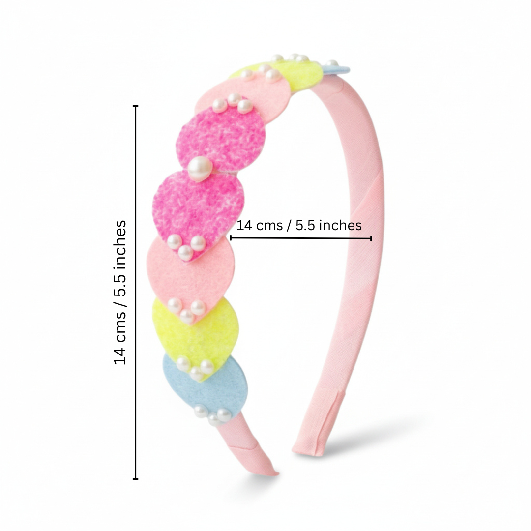 Dainty hairband with cascading hearts and pearl detailing -  Pink, Blue, Yellow