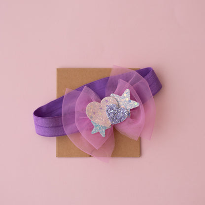 Soft net bow on super soft infant stretchy bands with glitter stars and heats - Purple