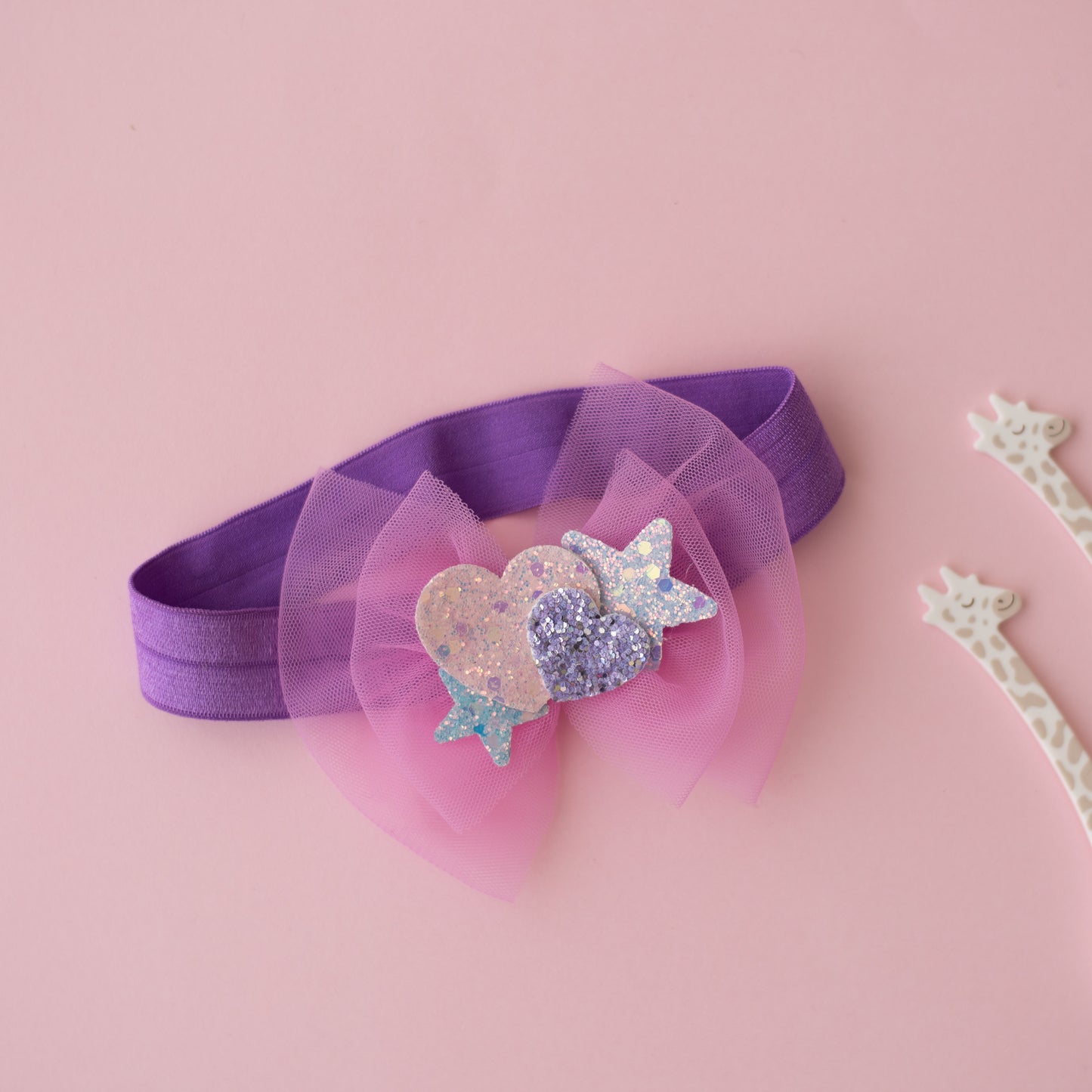 Soft net bow on super soft infant stretchy bands with glitter stars and heats - Purple