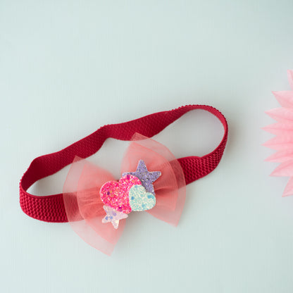 Soft net bow on super soft infant stretchy bands with glitter stars and heats - Red