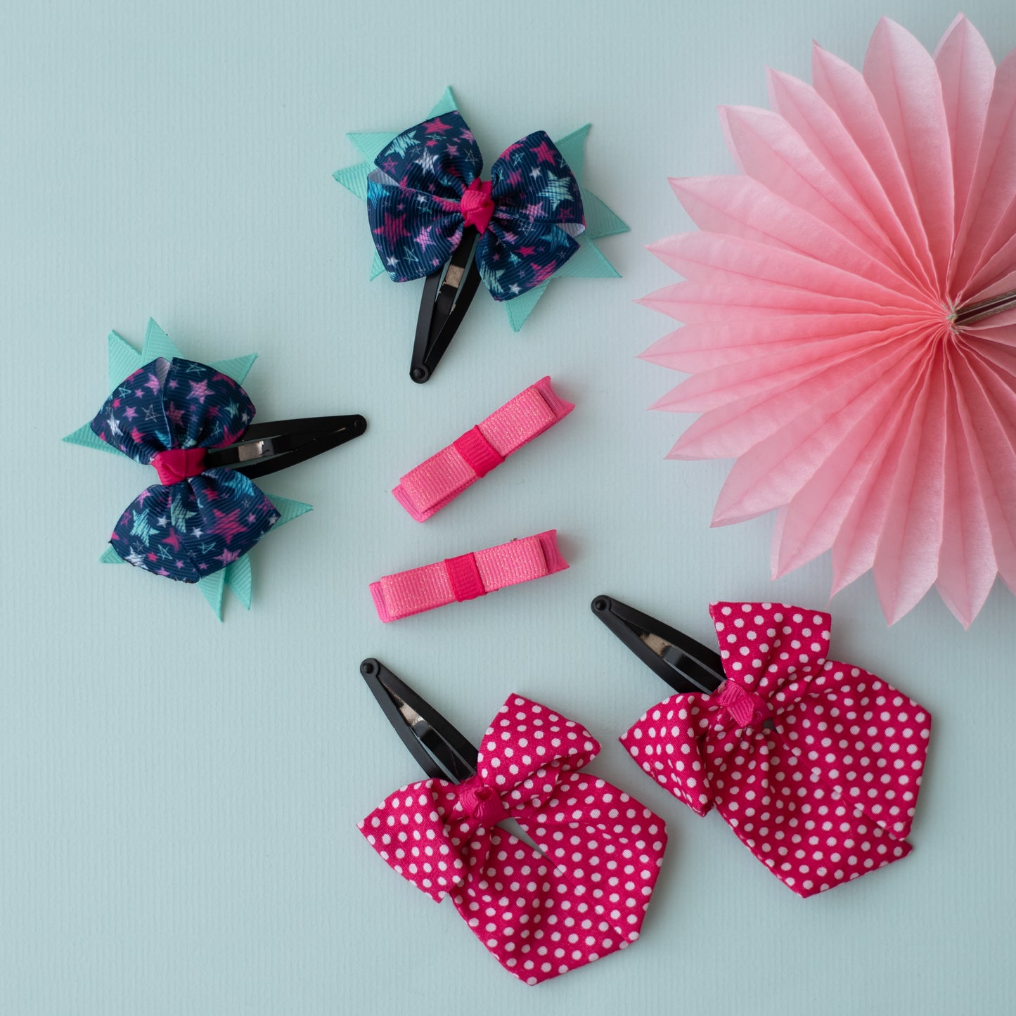 Combo: Elegant polka dotted bow on tic-tac pins, loopy bow on alligator clips along with cute and fancy bow on tic-tac pins - Pink, Navy blue