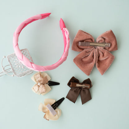 Combo: Delightful velvet bows adroned with pearls on alligator clips, a pair of cute double bow on tic-tac pins and a fancy braided satin hairband - Brown,Dusty Pink, Off White, Pink