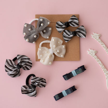 Combo: Cute striped bow on alligator clip, loppy bow on alligator clip and along with  cute striped bow on rubber bands, pretty bow on pearls with rubber bands -White, Grey, Nevy blue