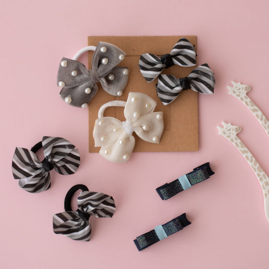 Combo: Cute striped bow on alligator clip, loppy bow on alligator clip and along with  cute striped bow on rubber bands, pretty bow on pearls with rubber bands -White, Grey, Black