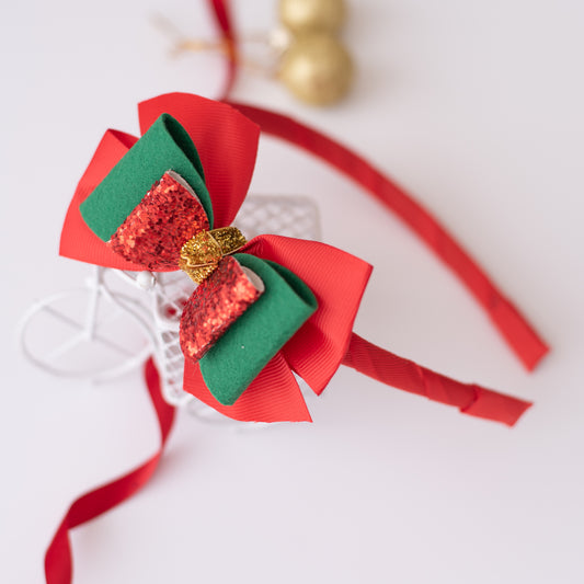 Hairband with a beautiful big bow - Red, Green, Gold