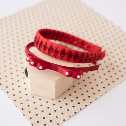 Combo: Set of 2 adorable hairbands - one with a loopy bow and one braided with shimmer ribbon - Red, Maroon