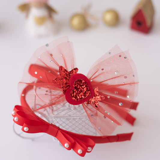 Combo: Set of 2 adorable hairbands - one with a loopy bow and one with net bow and glitter shapes- Red