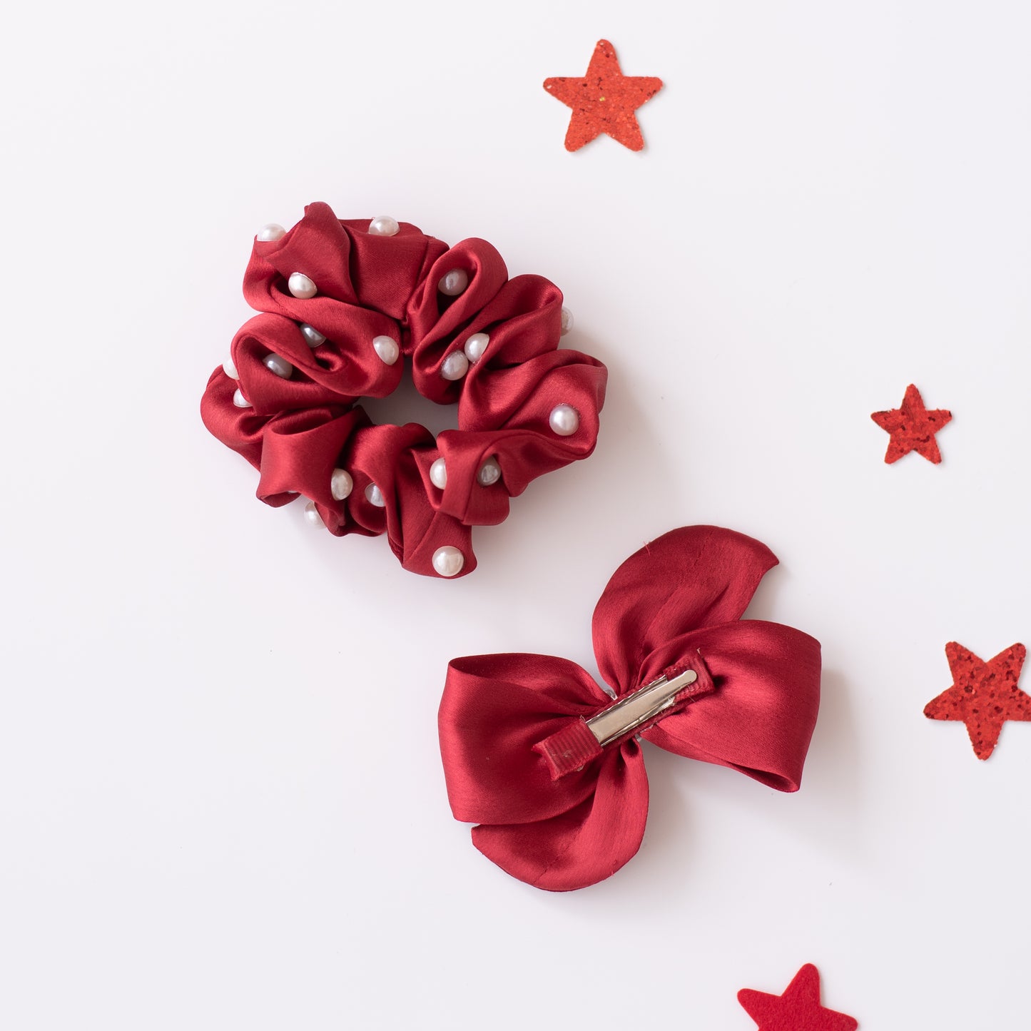 Christmas Combo: Set of 1 bow on alligator pin and one satin scrunchie. Both embellished with pearls - Maroon