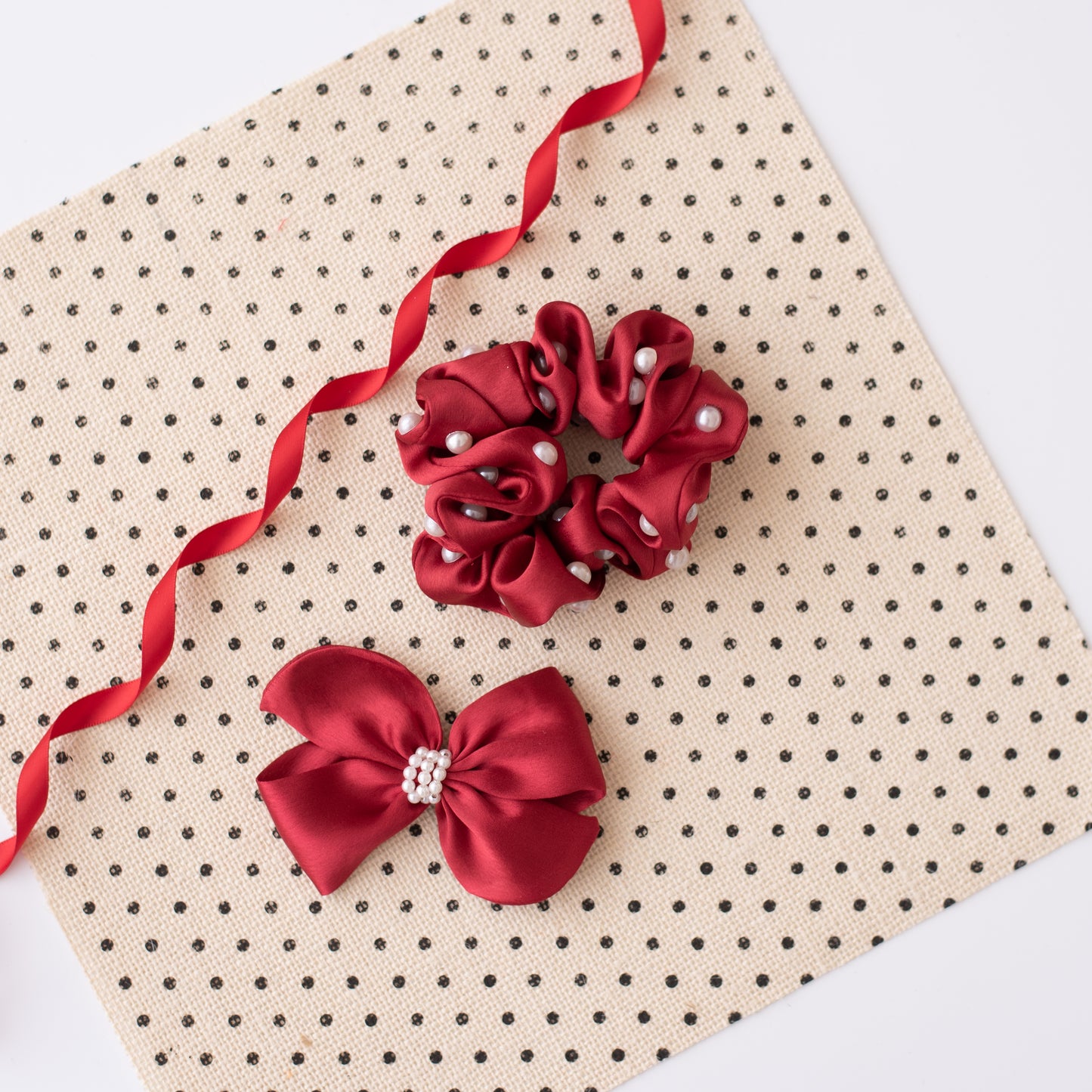 Christmas Combo: Set of 1 bow on alligator pin and one satin scrunchie. Both embellished with pearls - Maroon
