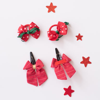 Combo: Set of 1 pair cute rubberbands with curly korker detailing and 1 pair bow tic-tac clips. - Red, Green, Maroon