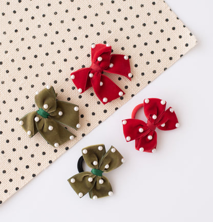 Combo: Set of 1 pair velvet rubberbands embellished with pearls and 1 pair cute velvet alligator pins also embellished with pearls. - Red, Green