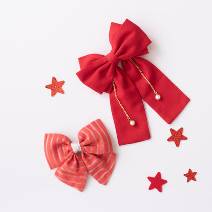 Combo : Set of 2 unique fabric bows. One with dangling chain and another with shimmer stripes - Red, Silver