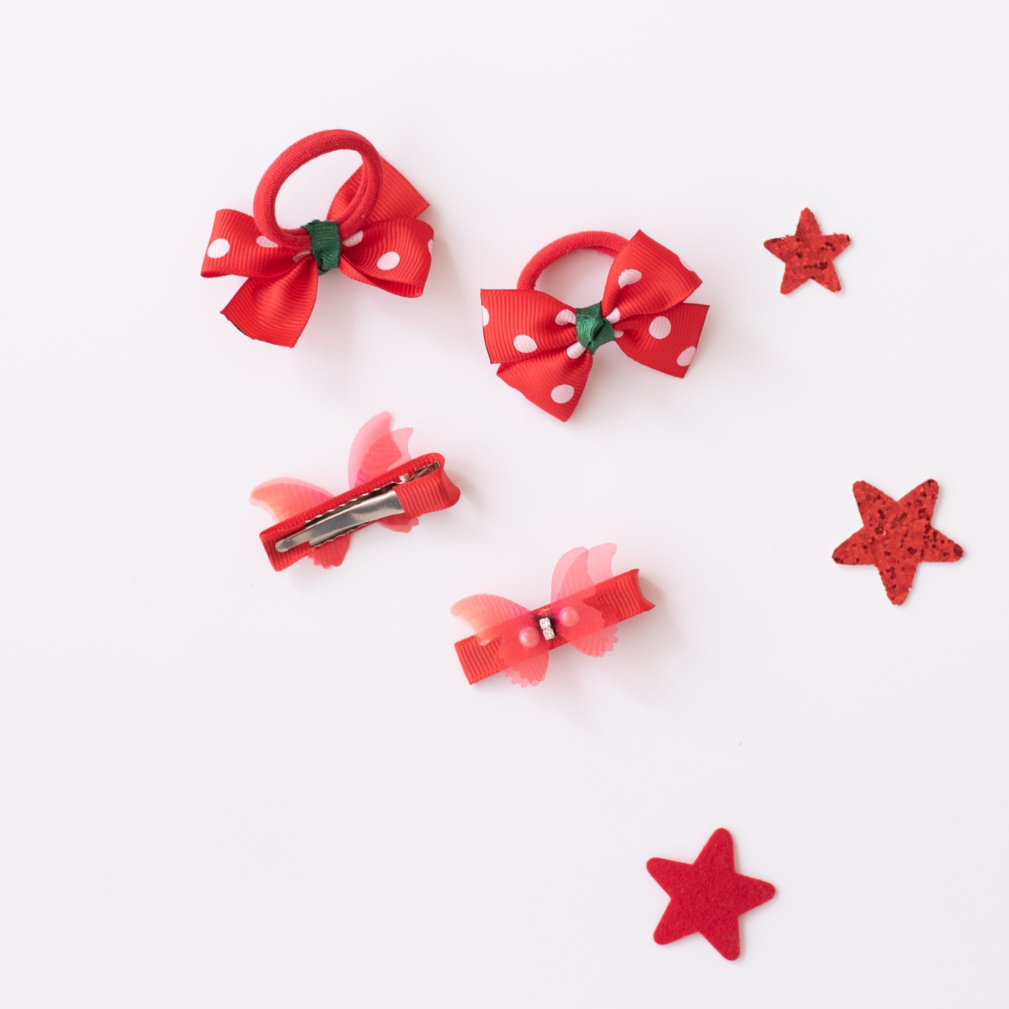 Combo : Set of 1 pair red polka dotted rubberbands and 1 pair unique butterfly pins. - Red