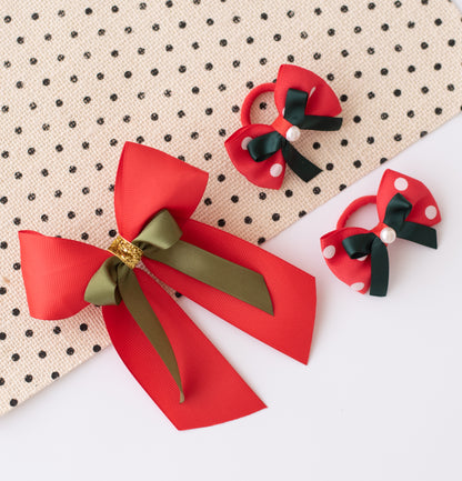 Combo : Set of 1 pair red polka dotted rubberbands and 1 big red bow on alligator clip. - Red, Green