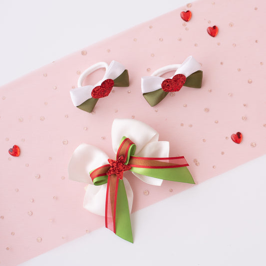 Combo : Set of 1 pair white rubberbands with a glitter heart and 1 elegant bow with glitter star. - White, Red, Green