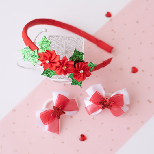 Combo : Set of 1 pair white rubberbands with a glitter star and 1 hairband embellished with flowers and glitter leaves.- Red, Green, White
