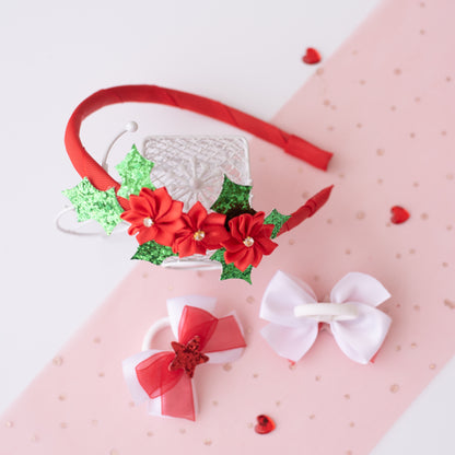 Combo : Set of 1 pair white rubberbands with a glitter star and 1 hairband embellished with flowers and glitter leaves.- Red, Green, White