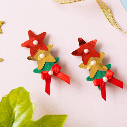 Christmas : Cute glitter star alligator clips embellished with pearls and small bows  - Green, Gold, Red