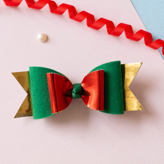 Christmas: Fancy big glitter bow on barette clip. - Red, Green, Gold