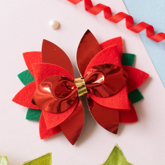 Christmas: Fancy big poinsettia flower on barette clip. - Red, Green