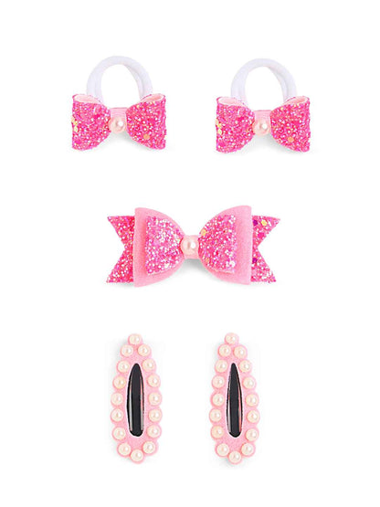 Free Size Glitter Rubber Bands Bow and Bow hair clips Pack of 5 - Pink