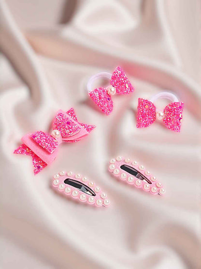 Free Size Glitter Rubber Bands Bow and Bow hair clips Pack of 5 - Pink