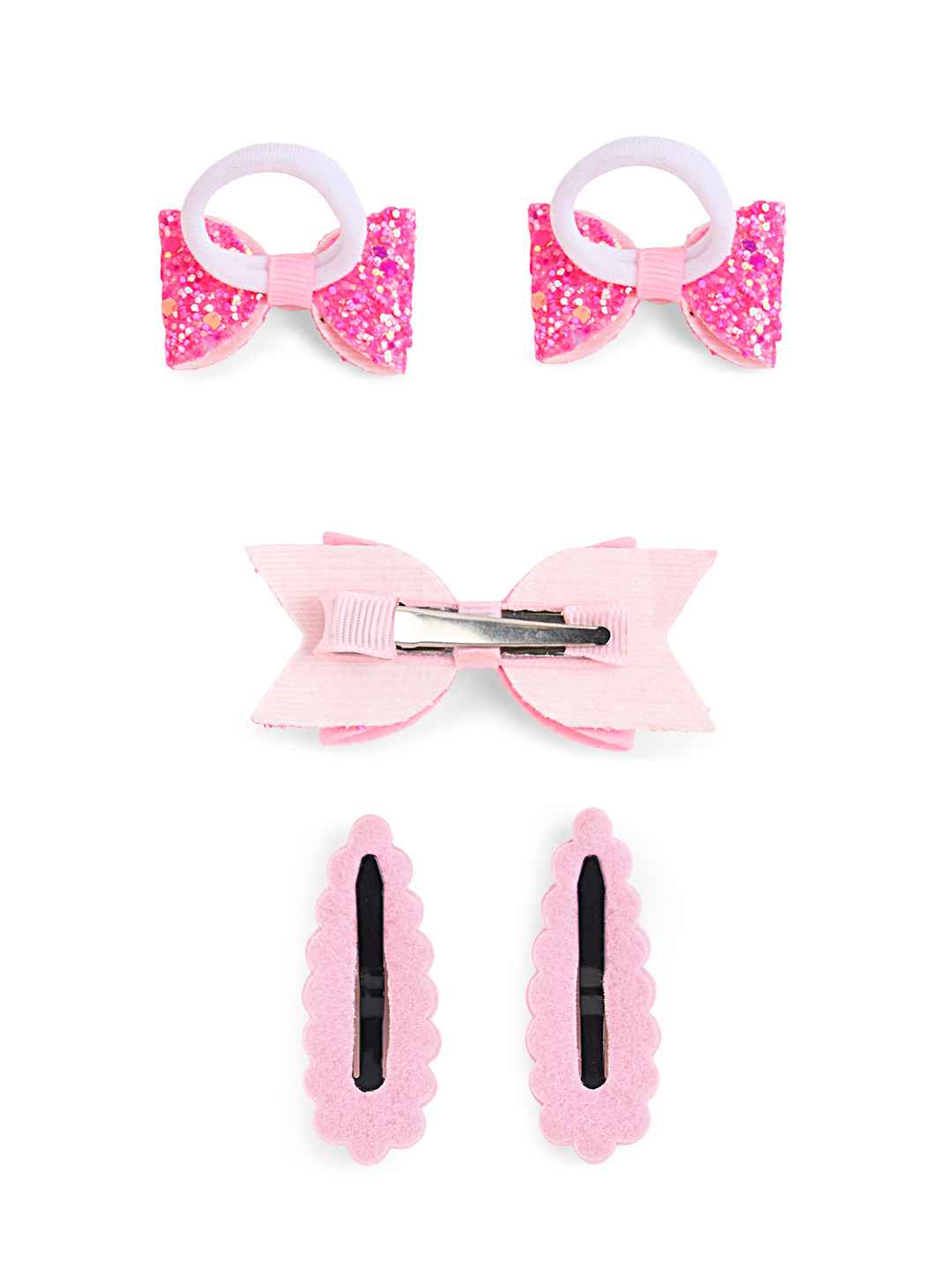 Free Size Glitter Rubber Bands Bow and Bow hair clips Pack of 5 - Pink