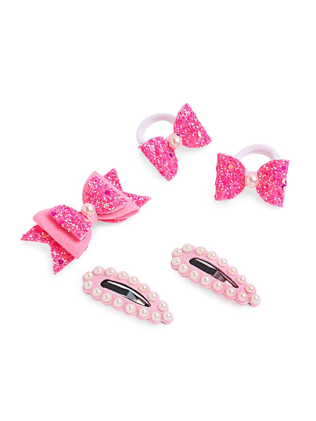 Free Size Glitter Rubber Bands Bow and Bow hair clips Pack of 5 - Pink
