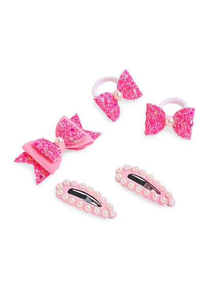 Free Size Glitter Rubber Bands Bow and Bow hair clips Pack of 5 - Pink