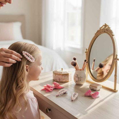 Free Size Glitter Rubber Bands Bow and Bow hair clips Pack of 5 - Pink