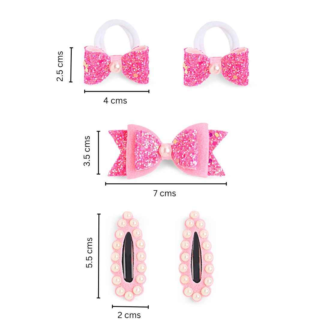 Free Size Glitter Rubber Bands Bow and Bow hair clips Pack of 5 - Pink