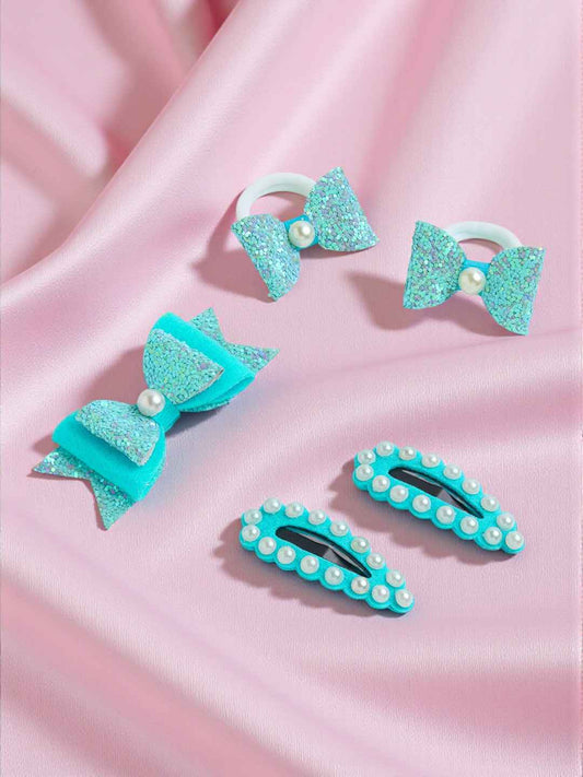 Free Size Glitter Rubber Bands Bow and Bow hair clips Pack of 5 - Blue