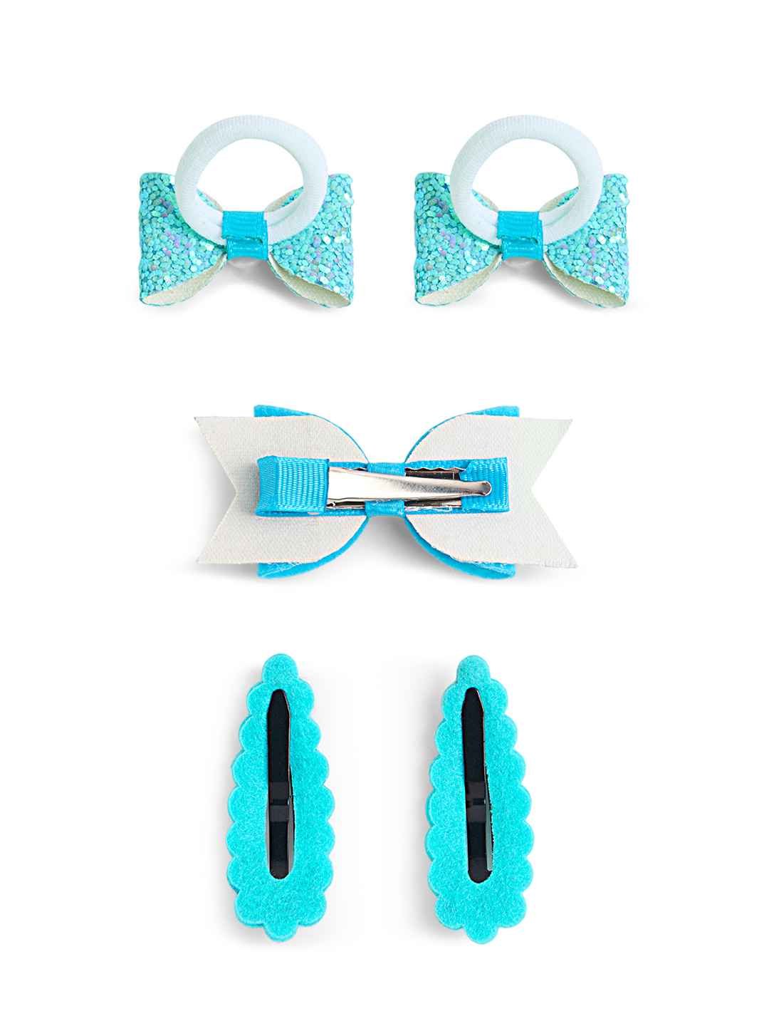 Free Size Glitter Rubber Bands Bow and Bow hair clips Pack of 5 - Blue