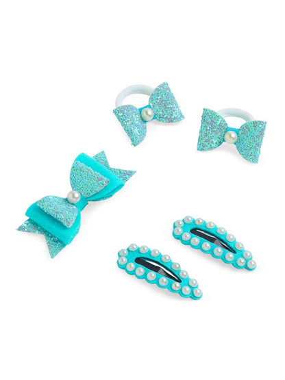 Free Size Glitter Rubber Bands Bow and Bow hair clips Pack of 5 - Blue