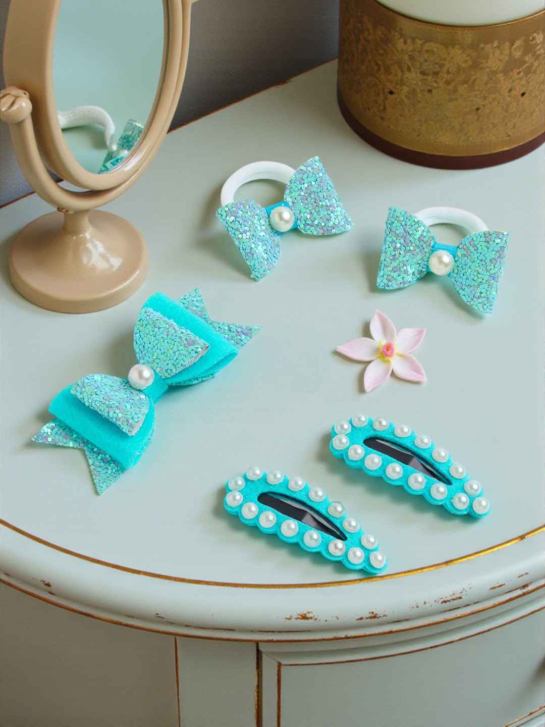 Free Size Glitter Rubber Bands Bow and Bow hair clips Pack of 5 - Blue