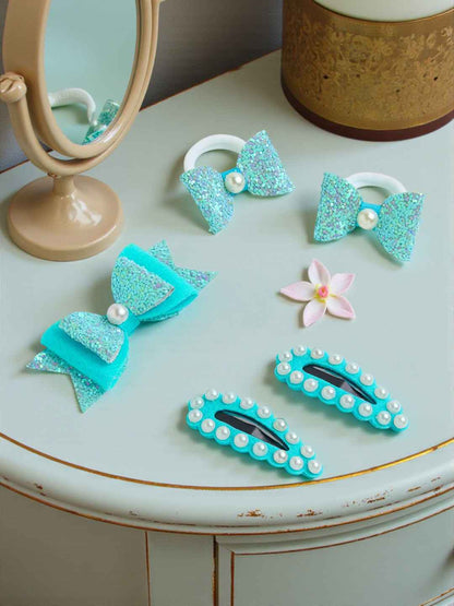 Free Size Glitter Rubber Bands Bow and Bow hair clips Pack of 5 - Blue
