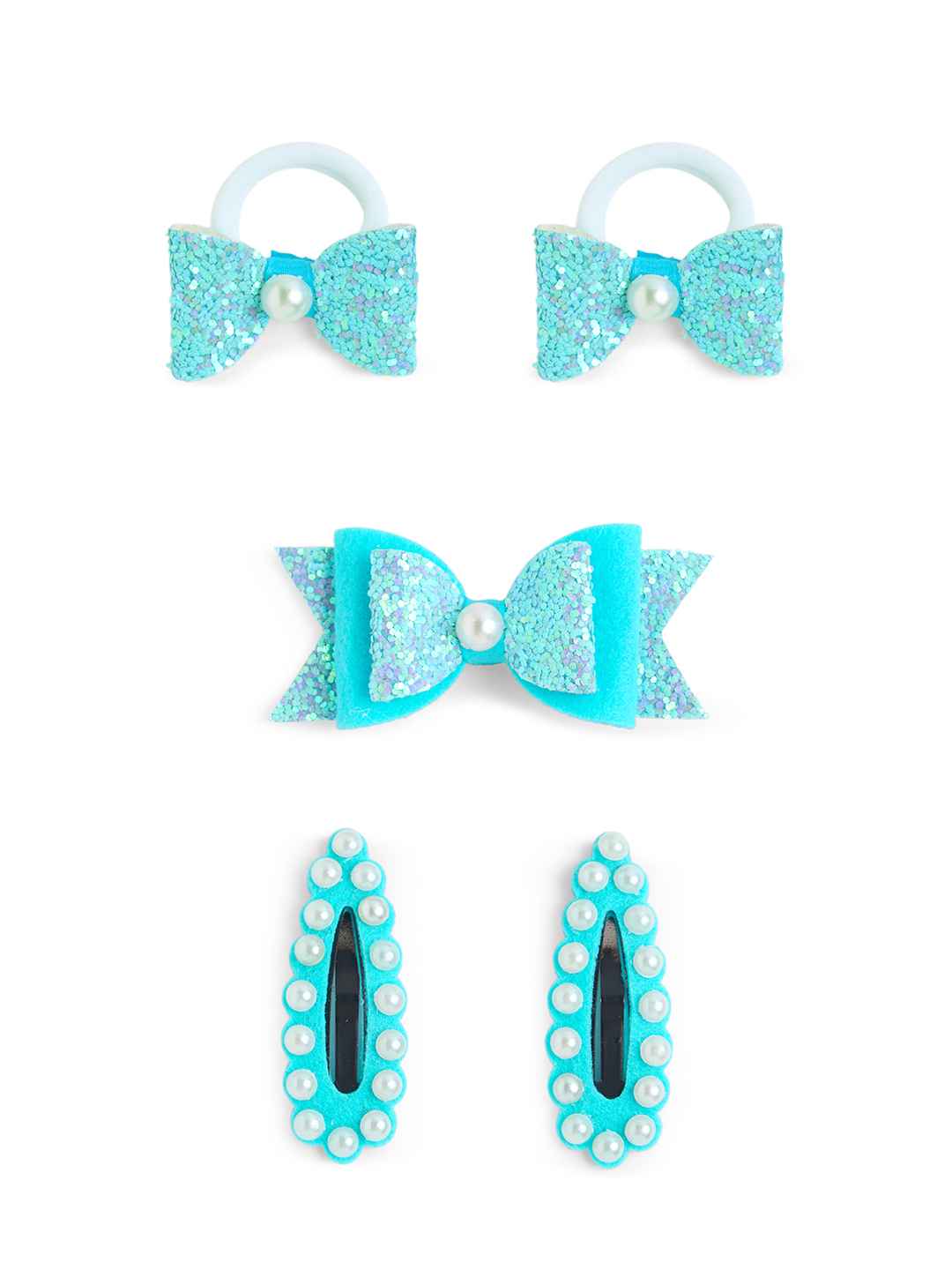 Free Size Glitter Rubber Bands Bow and Bow hair clips Pack of 5 - Blue