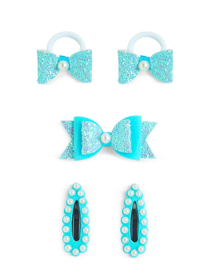 Free Size Glitter Rubber Bands Bow and Bow hair clips Pack of 5 - Blue